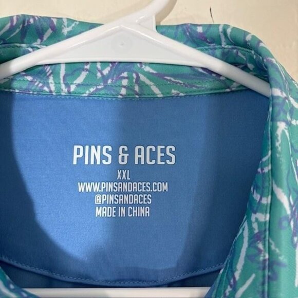 Pins & Aces Polo Shirt Mens 2XL Blue Green Palm Leaf Golf Performance Stretch - Picture 3 of 7